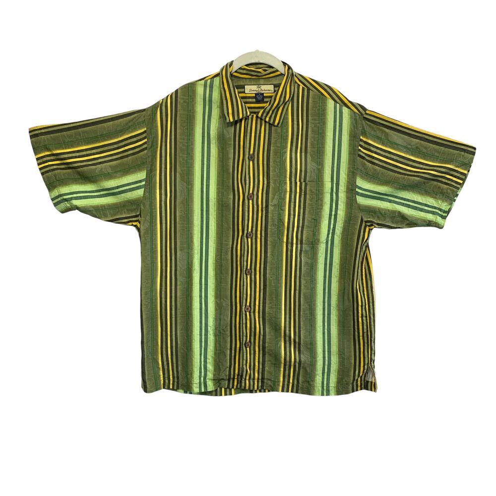 Tommy Bahama Shirt Men's Sz M Green Silk Crab Print Stripe Short Sleeve Hawaiian